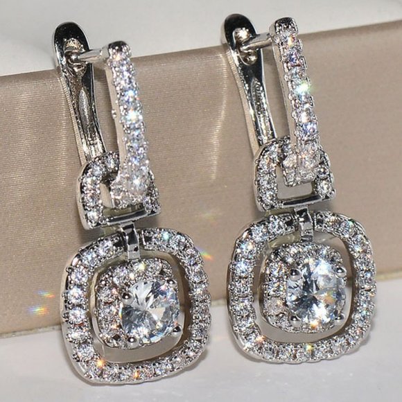 Jewelry - *NEW 18K White Gold Halo Diamond Drop Huggie Hoops